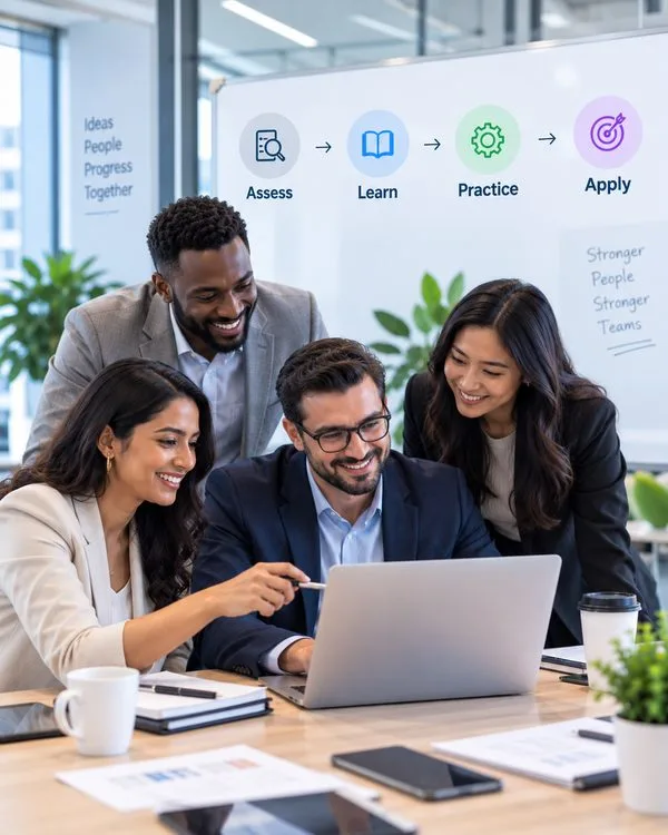 A team working through a course curriculum together on a laptop