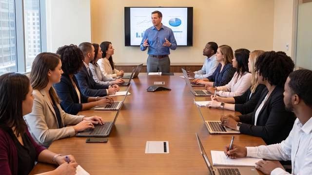 An instructor leading a corporate training session with a team around a boardroom table